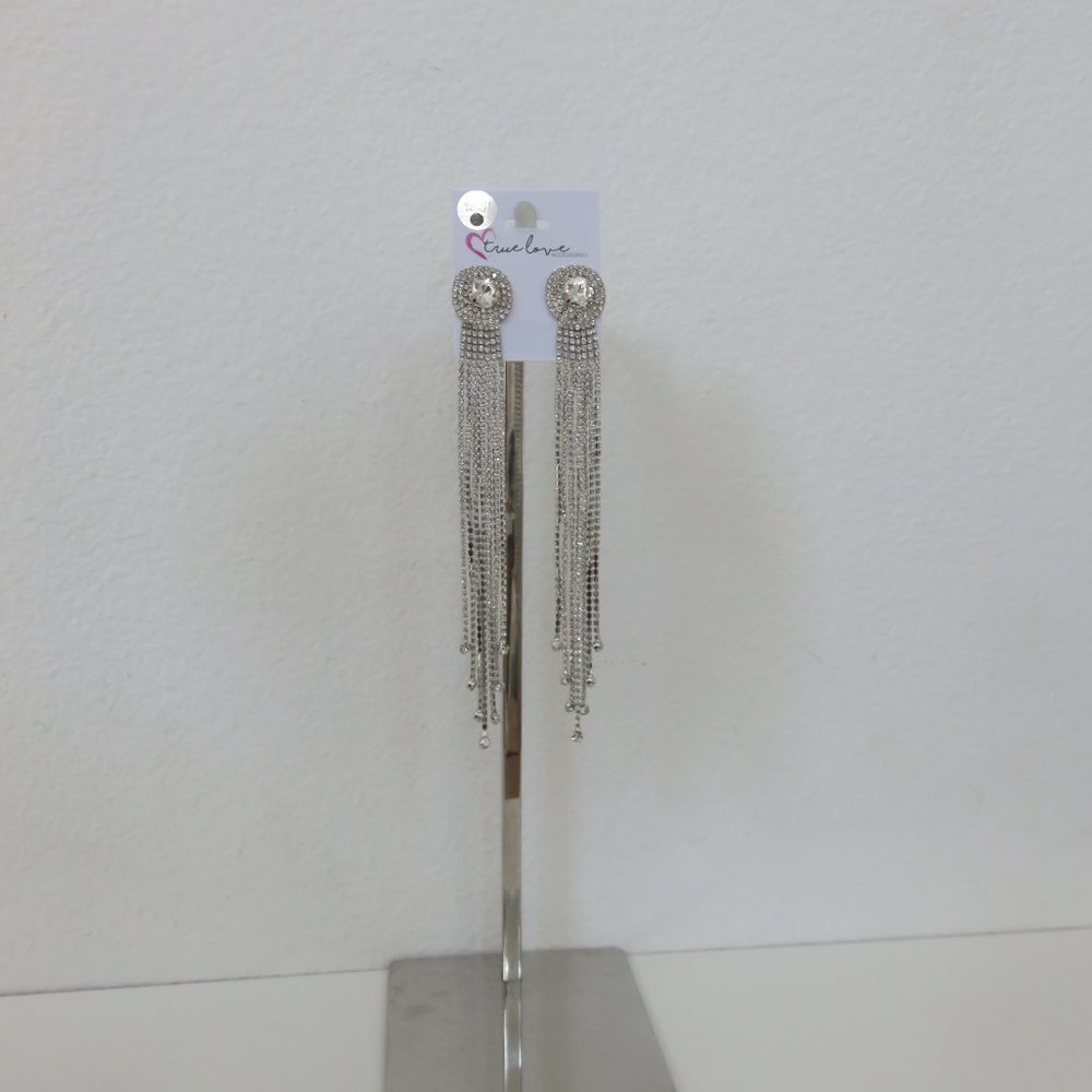 (#W) True Love Earrings -  Long Silver chain rhinestones